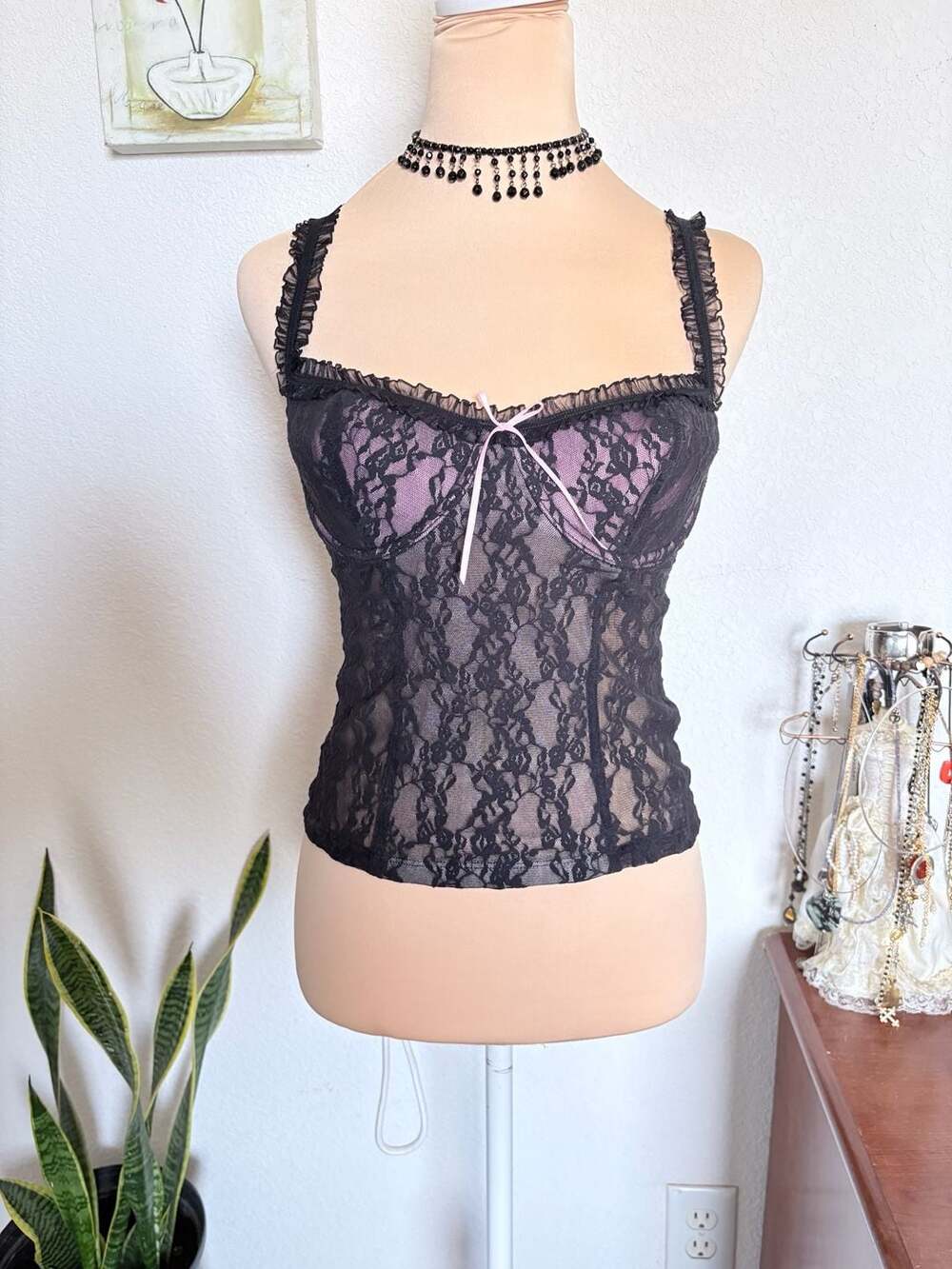 Victoria's Secret Lace Bustier Size M Black Pink Corset Cami